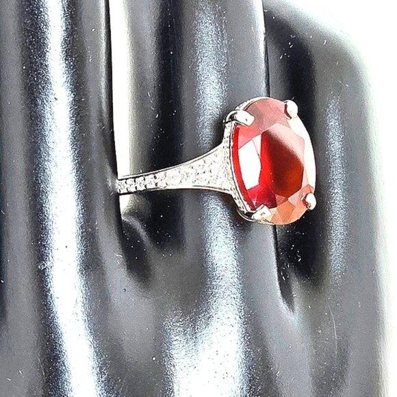 925 Sterling Silver Ring with Natural  Hessonite Garnet Gem & CZ - Picture 7 of 16
